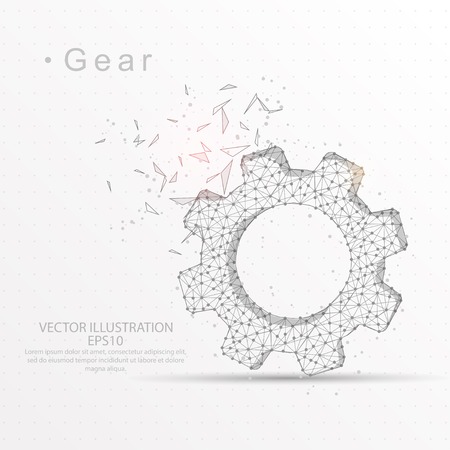 Gear shape point, line and composition digitally drawn low poly wire frame in the form of broken a part triangle and scattered dots on white background.のイラスト素材