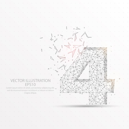 Number four point, abstract mash line and composition digitally drawn in the form of broken a part triangle shape and scattered dots low poly wire frame on white background.のイラスト素材