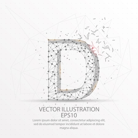 Letter D form mesh line and composition digitally drawn in the form of broken a part triangle shape and scattered dots low poly wire frame.のイラスト素材