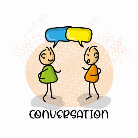 Doodle cartoon figure two man talk each other with speech bubble vector illustration.のイラスト素材