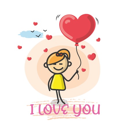 Doodle cartoon figure a girl holding a red love heart balloon with text i love you vector illustration.のイラスト素材