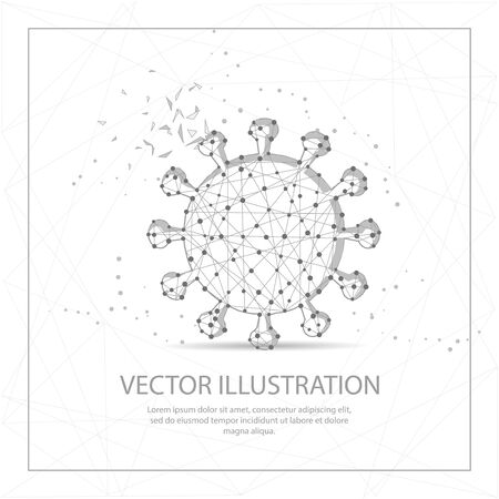Coronavirus digitally drawn in the form of broken a part triangle shape and scattered dots low poly wire frame.のイラスト素材
