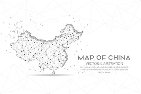 Map of China digitally drawn in the form of broken a part triangle shape and scattered dots low poly wire frame.のイラスト素材