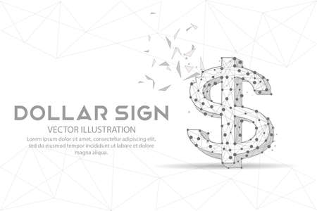 Dollar sign digitally drawn in the form of broken a part triangle shape and scattered dots low poly wire frame.のイラスト素材