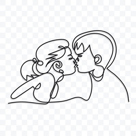 Continuous line drawing of love man and woman kissing minimalism design on transparent background.のイラスト素材