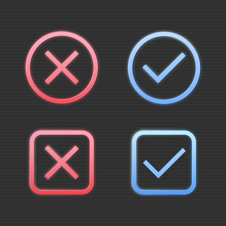 Set of red cross mark and blue check mark icon in round and square shape on black background.のイラスト素材