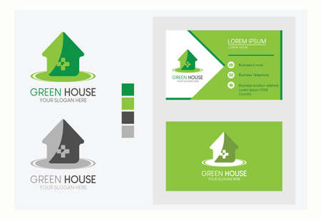 Business card with logo green color of house vector illustration on light gray background.のイラスト素材