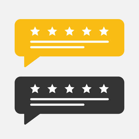 User review rating five stars in speech bubble isolated flat design vector illustration on white background.のイラスト素材