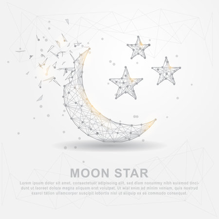 Broke and spread moon and star with shadow digitally drawn low poly wire frame on white background.のイラスト素材