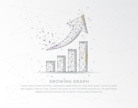 Growing up graph chart abstract mash line and composition digitally drawn in the form of broken a part triangle shape and scattered dots low poly wire frame.のイラスト素材