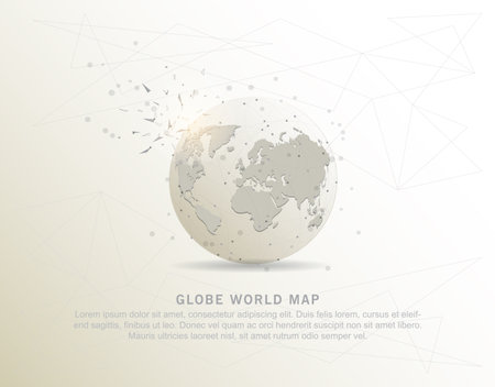 Globe world map shape point, line and composition digitally drawn in the form of broken a part triangle shape and scattered dots low poly wire frame.のイラスト素材