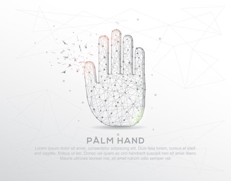 Palm hand abstract mash line and composition digitally drawn in the form of broken a part triangle shape and scattered dots low poly wire frame.のイラスト素材