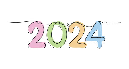 2024 New Year symbol continuous one line drawing vector hand drawn illustration on white background.のイラスト素材