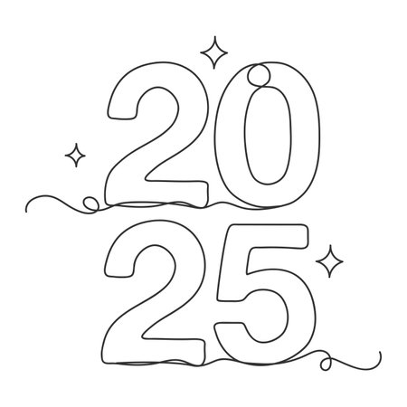 Text 2025 handwritten continuous one line art vector illustration on white background.のイラスト素材
