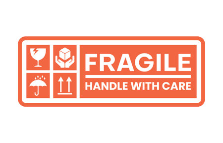 Sticker fragile handle with care, red fragile warning isolated vector illustration on white background.のイラスト素材