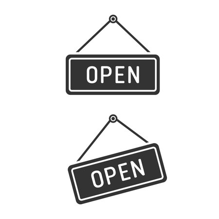 Black open hanging sign board set isolated flat design vector illustration on white background.のイラスト素材