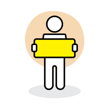 Man character holding yellow rectangle signboard isolated flat design vector illustration on white background.のイラスト素材