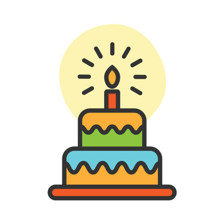 Colorful birthday cake with candle icon shape isolated flat style vector illustration on white...