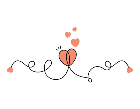Continuous one line art red love heart shape isolated vector illustration on white background.のイラスト素材
