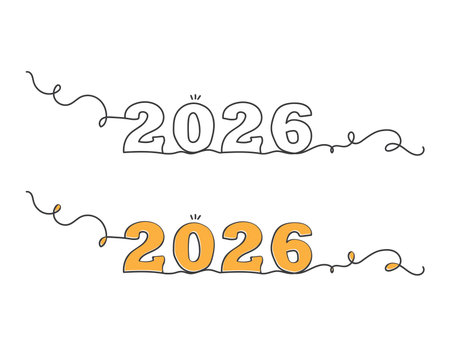 Outline text 2026 handwritten set continuous one line art vector illustration on white background.のイラスト素材