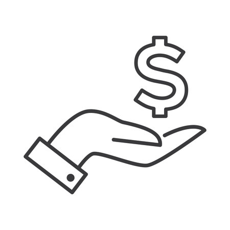 Outline dollar on palm hand icon isolated flat style design vector illustration on white backgroundのイラスト素材