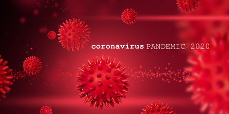 Samples of covid-19 virus close-up, 3D visualization of the behavior of the virus in the blood of an infected patient. Sample text. Concept - Worldwide Epidemicの写真素材