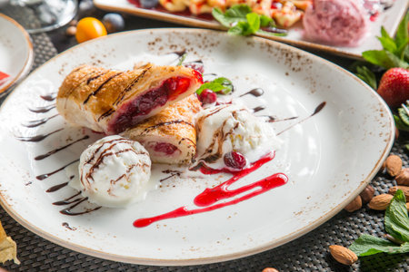 Espresso and homemade ice cream in the restaurant: strawberry, vanilla, citrus. Delicious and fresh dessert.の写真素材