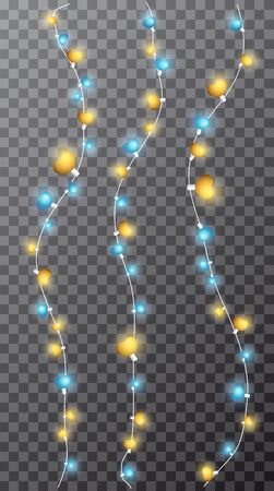 Collection of vector stock illustration with realistic 3d shining blue, gold lamp lights effect. Set glowing illuminated garlands on transparent background. Shine heart bulbs for decoration holiday.のイラスト素材