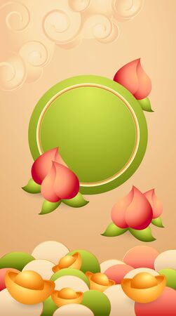 Traditional spring festival oriental banner green round shapes template, gold ingot, pink peaches of longevity. Vector stock illustration for Chinese New Year background. For greeting, celebration.のイラスト素材