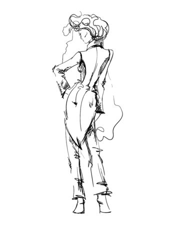 Hand drawn fashion young lady on white isolated background. Woman model one line drawing art sketch. Girl in female tailcoat, suit. Beauty outline figure. Continuous style. Vector stock illustration.のイラスト素材