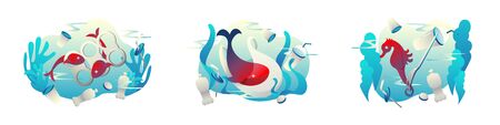 Stop plastic pollution, decomposition trash in sea. Social global aqua problems concept. Environment protection. Waste floats in ocean with fish, whale, seahorse. Vector stock isolated illustration.のイラスト素材