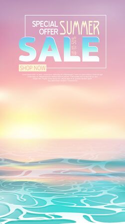 Summer sale banner with sea ripple on beach. Sunset or sunrise in ocean, nature landscape background. Pink clouds in sky to shining sun above water. Template season discount. Vector stock illustrationのイラスト素材