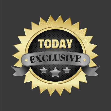 TODAY EXCLUSIVE label on isolated background. Emblem round icon with steel ribbon and gold stars design. Premium badge for sales promotion on metal texture. Vector illustration. Luxury product.のイラスト素材