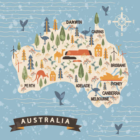 Australia travel map with the cities of Canberra, Melbourne, etc. Sydney Opera House, the Great Barrier Reef, Outback are vast deserts. Cartoon landmarks and wild animal symbol. Vector illustration.のイラスト素材