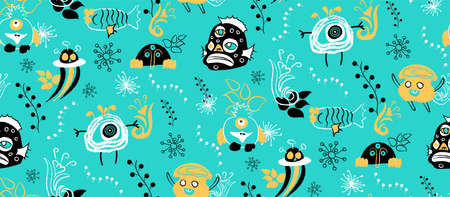 Monsters seamless pattern. Hand drawn repeating childish cute aliens, space doodles and line plants....