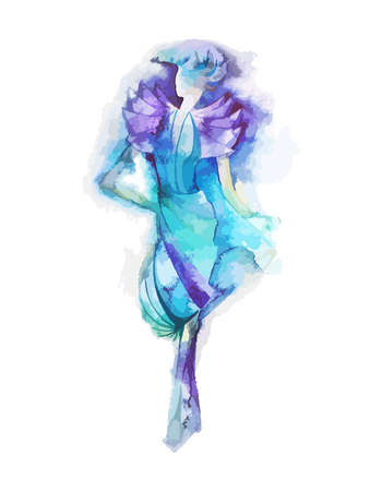 Watercolor woman in blue dress. Winter fashion female silhouette in hand draw style. Art for beauty print, card, poster. Colorful beautiful girl model. Stock illustration on white isolated background.のイラスト素材