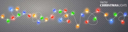 Christmas heart lights seamless border on transparent background. Glowing garland for Xmas Holiday. String with color glowing light bulbs isolated. Vector stock illustration. Shine decoration to partyのイラスト素材
