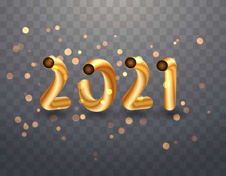 2021 Gold Numbers for New Year and Christmas Design. Golden symbol in metalic font on transparent background. Glittering confetti of lights, sparkling tinsel particles. 2021 Vector stock illustration.のイラスト素材