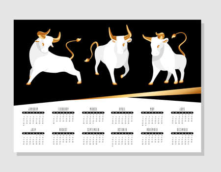 Representative calendar 2021 with months. Strict trendy design with oriental ox mascot, black isolated.のイラスト素材