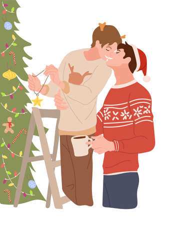 Happy LGBT family decorates the Christmas tree. Two men are hanging toys in the house on isolated white background. A homosexual couple is preparing for New Year holidays. Vector stock illustration.のイラスト素材