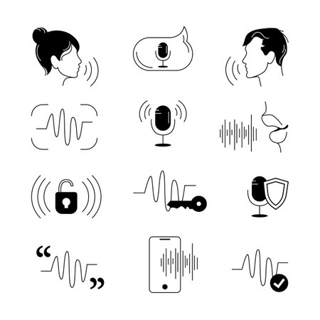 Voice ID tech icons. Simple set of biometric scan related. Person using voice control, Artificial intelligence, lock and key. Voice or sound recognition signs in line style. Vector stock illustration.のイラスト素材