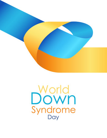 World Down Syndrome Day modern poster on March 21. International symbol of disease Down Syndrome on isolated white. Creative brochure with realistic blue and yellow ribbon. Vector stock illustration.のイラスト素材