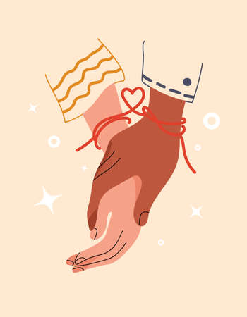 Red thread of fate tied kindred spirits or soulmate. Symbol of eternal love or friendship. Eastern promise of love. Red string with heart shape on hands of couple in love. Vector stock illustration.のイラスト素材