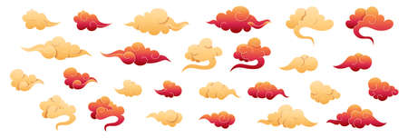 Chinese clouds collection. Red and gold clouds in oriental style. Design japanese elements set. Asian traditional cloudy ornaments. Decorative sky on isolated white background. Vector illustration.のイラスト素材