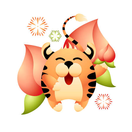 Red tiger is symbol of coming Chinese new year 2022. Happy striped tiger gives ripe peach as sign of spring and longevity. Funny character for March planner or calendar. Vector isolated illustration.のイラスト素材