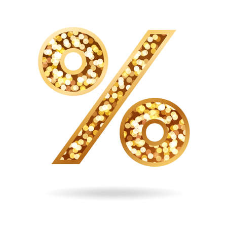 Gold glitter percent sign. Bold symbol of percentage and discount with golden sparkles. Icon royal shine for holiday decor. Metallic shiny element for sale and promotion. Vector isolated illustrationのイラスト素材