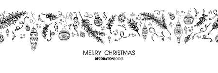 Christmas black and white seamless border with xmas toys, ribbons and fir tree branches. Winter design for greeting card or header. Hand drawn decor for New year pattern. Vector isolated illustrationのイラスト素材