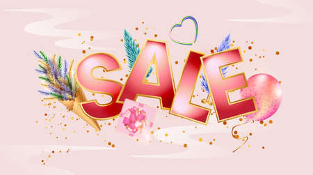 Discount design for web banner or poster. Sale text with gift box, balloon and heart. Promotion of shopping. Placard with waffle cone, spruce branches and confetti flying around. Vector illustrationのイラスト素材