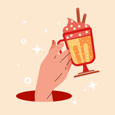 Gender neutral hand holds a mug of hot cocoa. Sweet cocktail with froth and cinnamon sticks in hand close up. Concept design for a cafe or non alcoholic toast. Vector illustration on isolated colorのイラスト素材