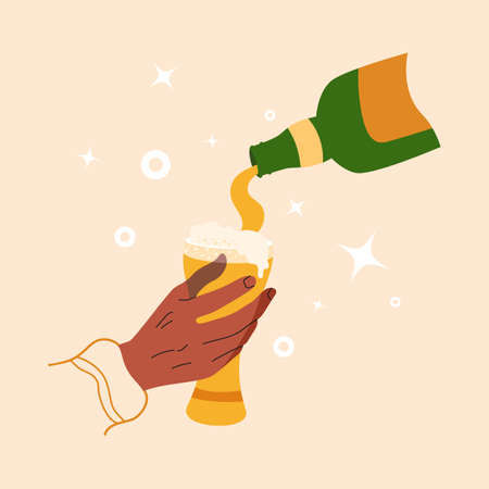 Black african hand holding glass of frothy beer. Arm holds glass with alcoholic drink. Concept design man or woman sommelier for restaurant and bar. Beverage filled from a bottle. Vector illustrationのイラスト素材